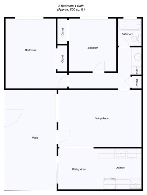Floor plan for 2 beds, 1 bath, 900 sqft